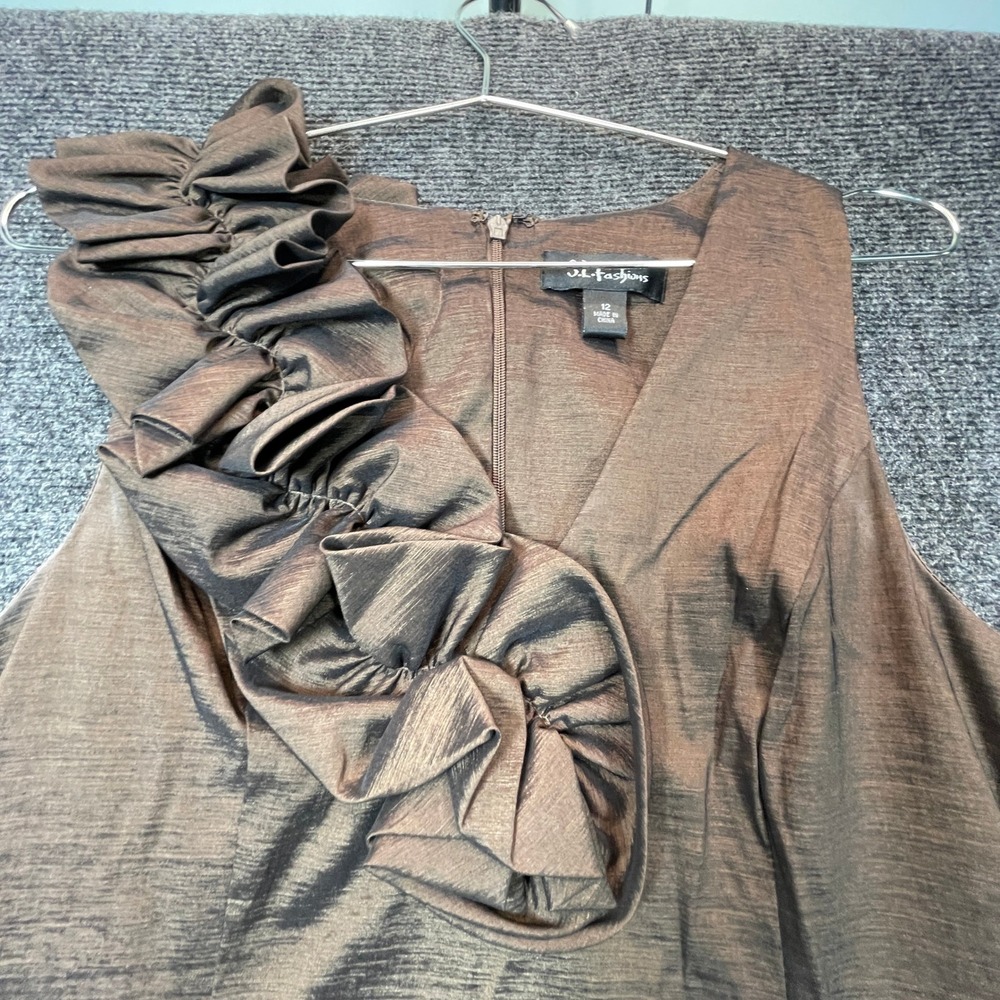 SL Fashions Ruffle One Shoulder Dress Women 12 Brown Metallic Glam Old Money
